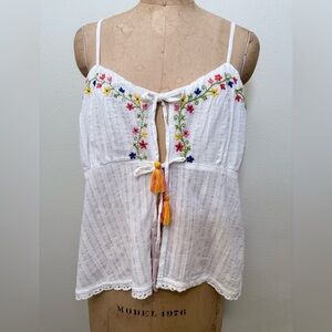Japna Peasant Tank Floral Embroidered White Tie Front Tassels Size XL Boho NWOT
